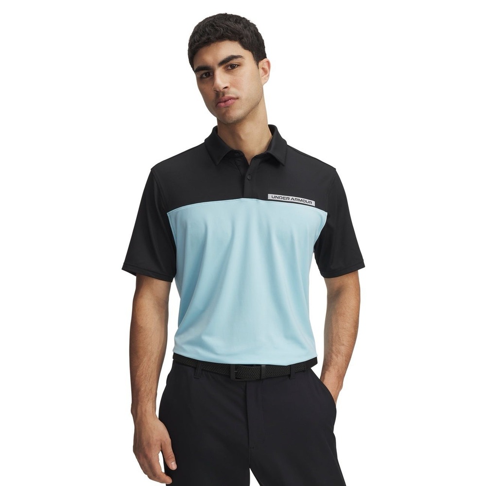 *NWT Men LARGE Under Armour T2 Golf Color Block Polo Light Blue /Black UPF 30